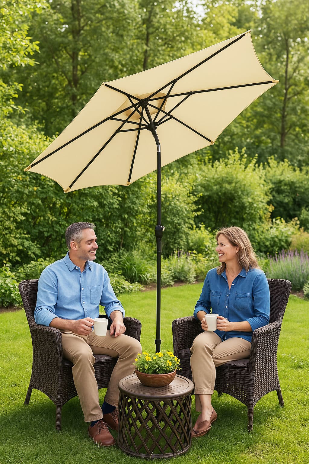 Duży parasol ogrodowy skośny łamany z korbą 6 żeber beżowy 270 cm MultiGarden