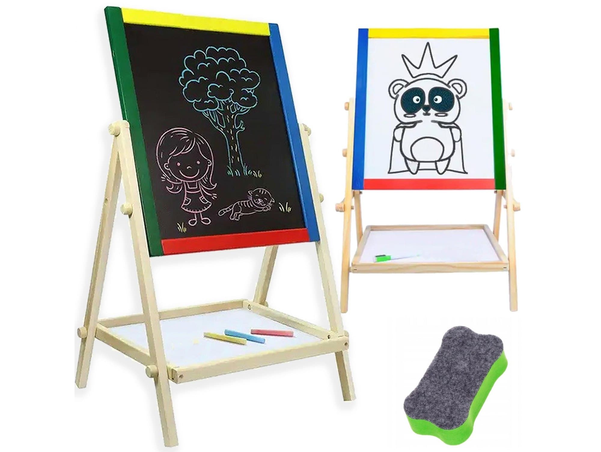 Tablica dwustronna obrotowa drewniana magnetyczna kredowa +akcesoria